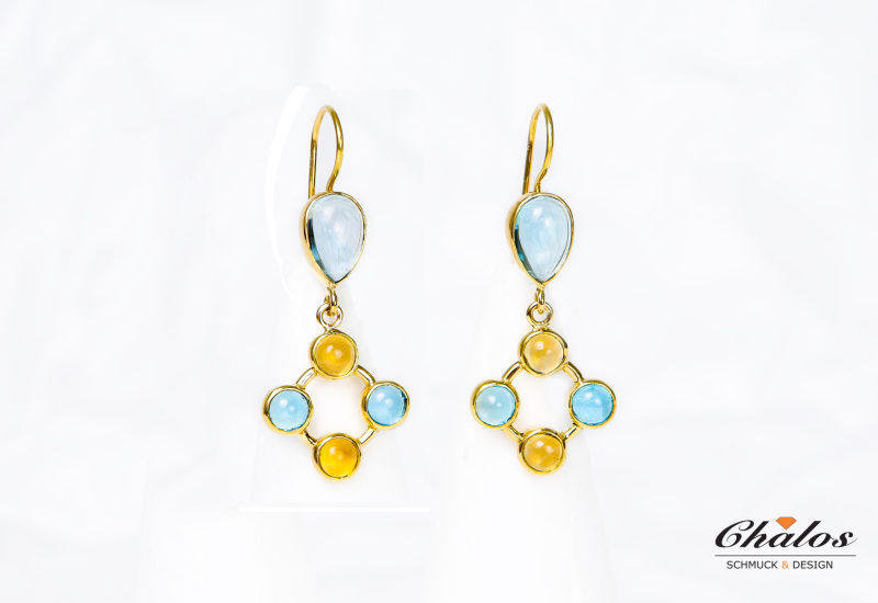 Extravagante Designer Ohrhänger 750er Gold mit Topas und Citrin