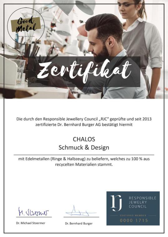 Goldschmiede Chalos Zertifikat für Fairtrade-Gold